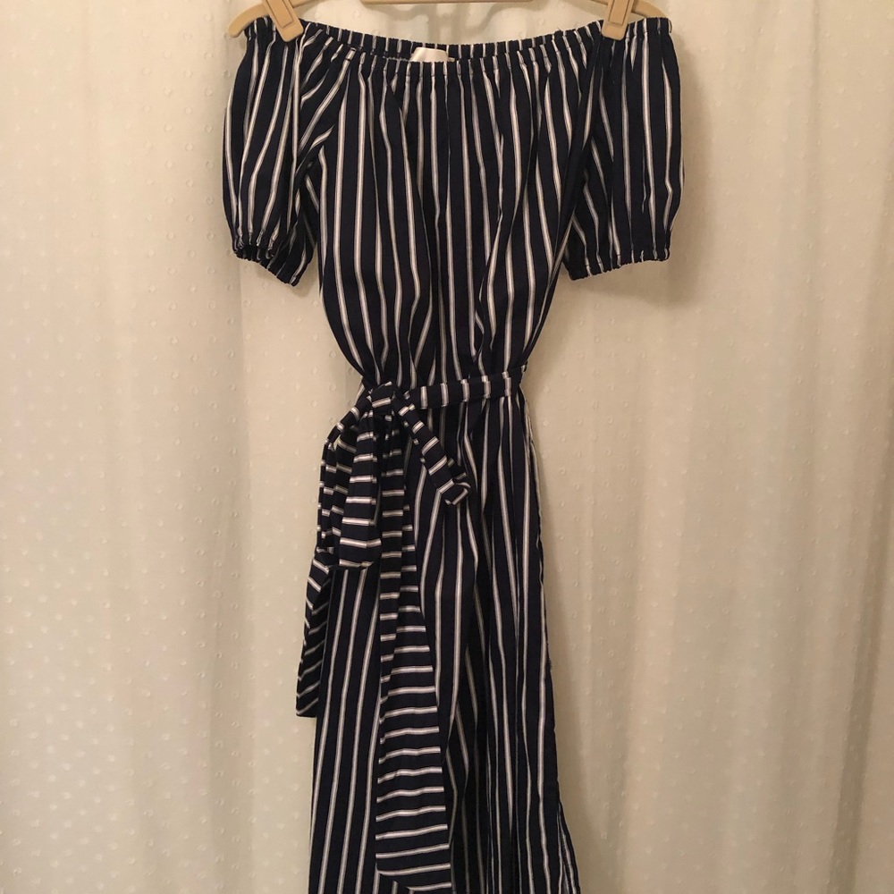 Off the shoulder dress with belt.